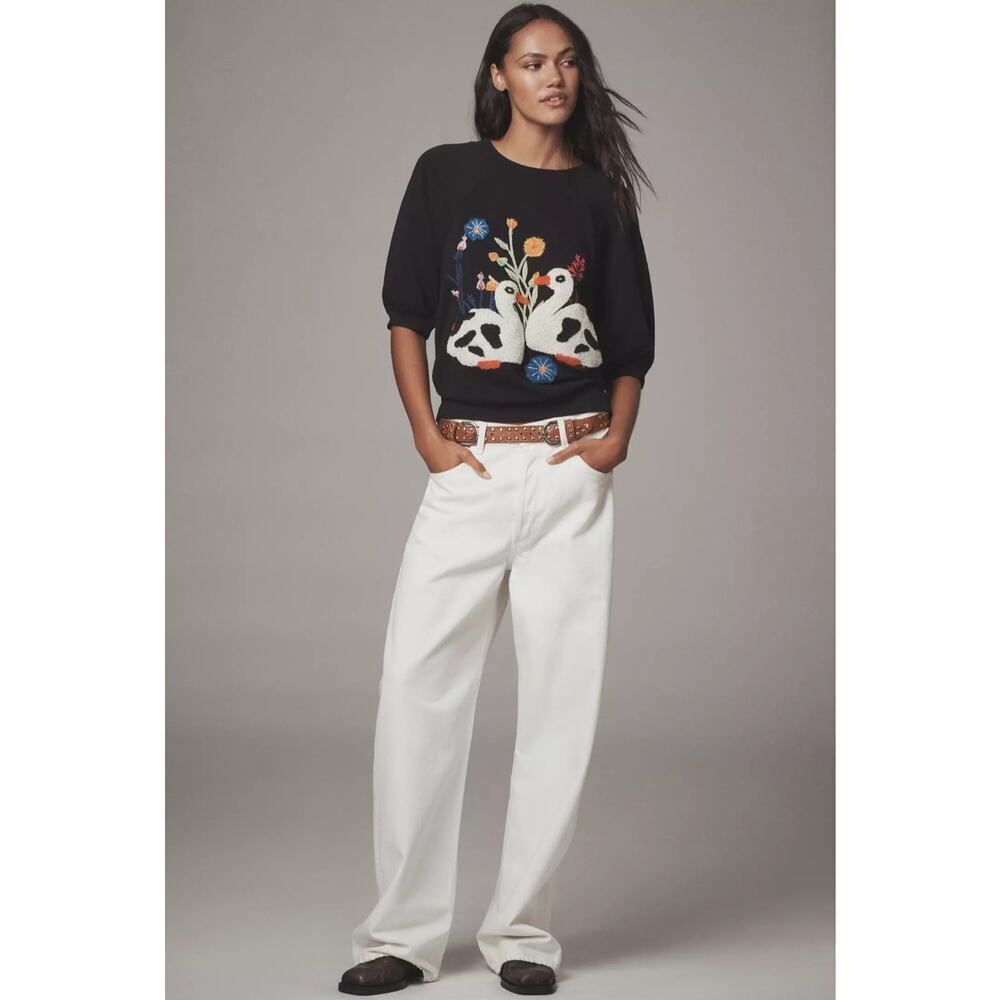 NWT Anthropologie Tufted Ducks Embroidered Flower Cotton Sweatshirt. Ret. $118 - Picture 7 of 8